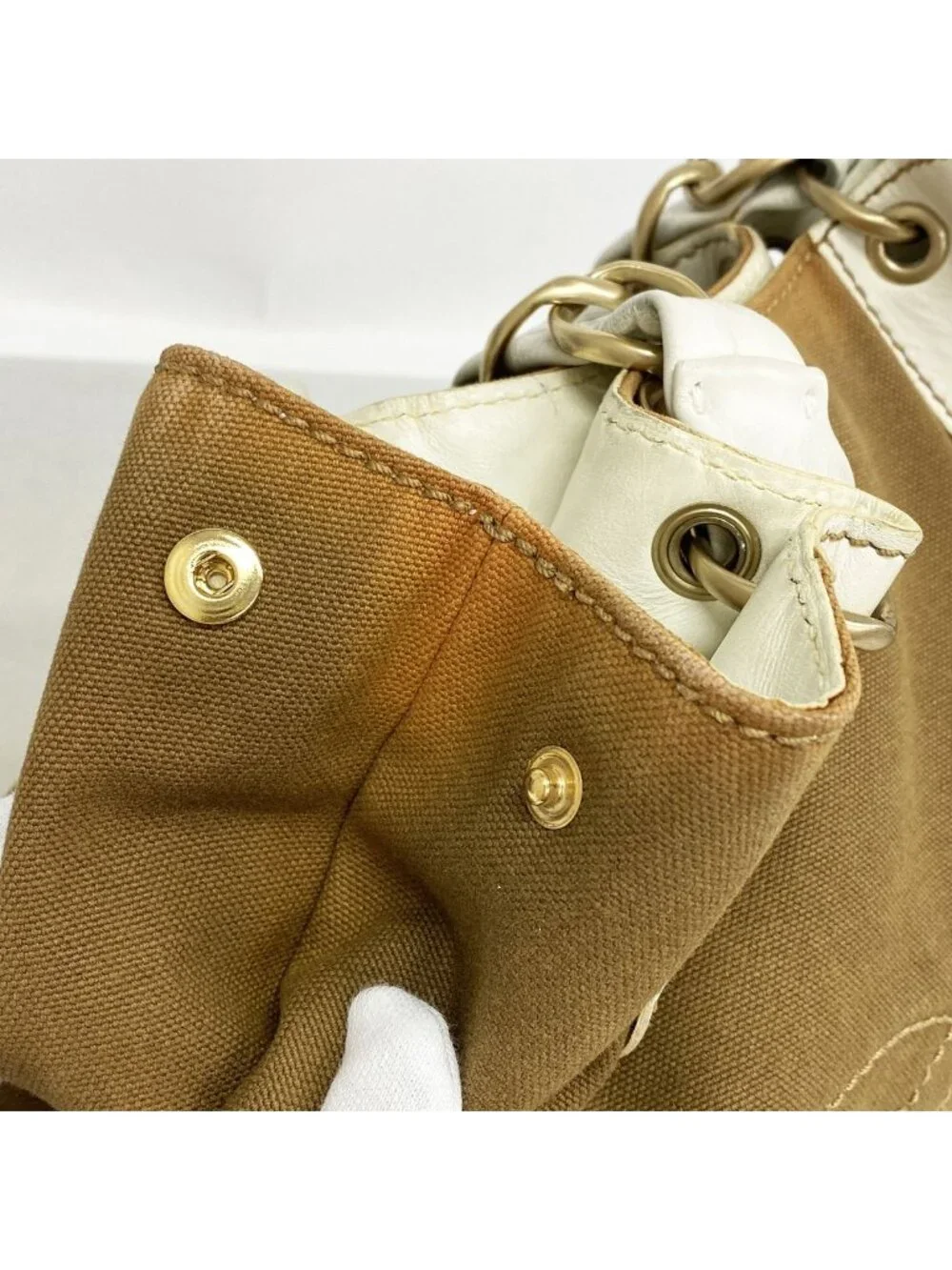 Chanel Chain Tote Canvas Beige White Gold